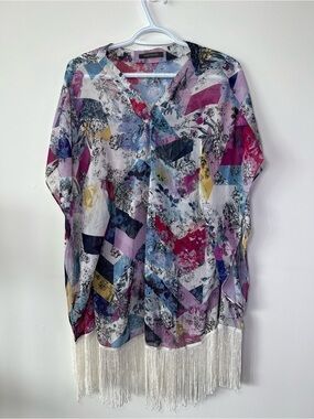 Suzy Shier Women’s Small Multicolor Semi-Sheer Fringe Bohemian Beach Coverup